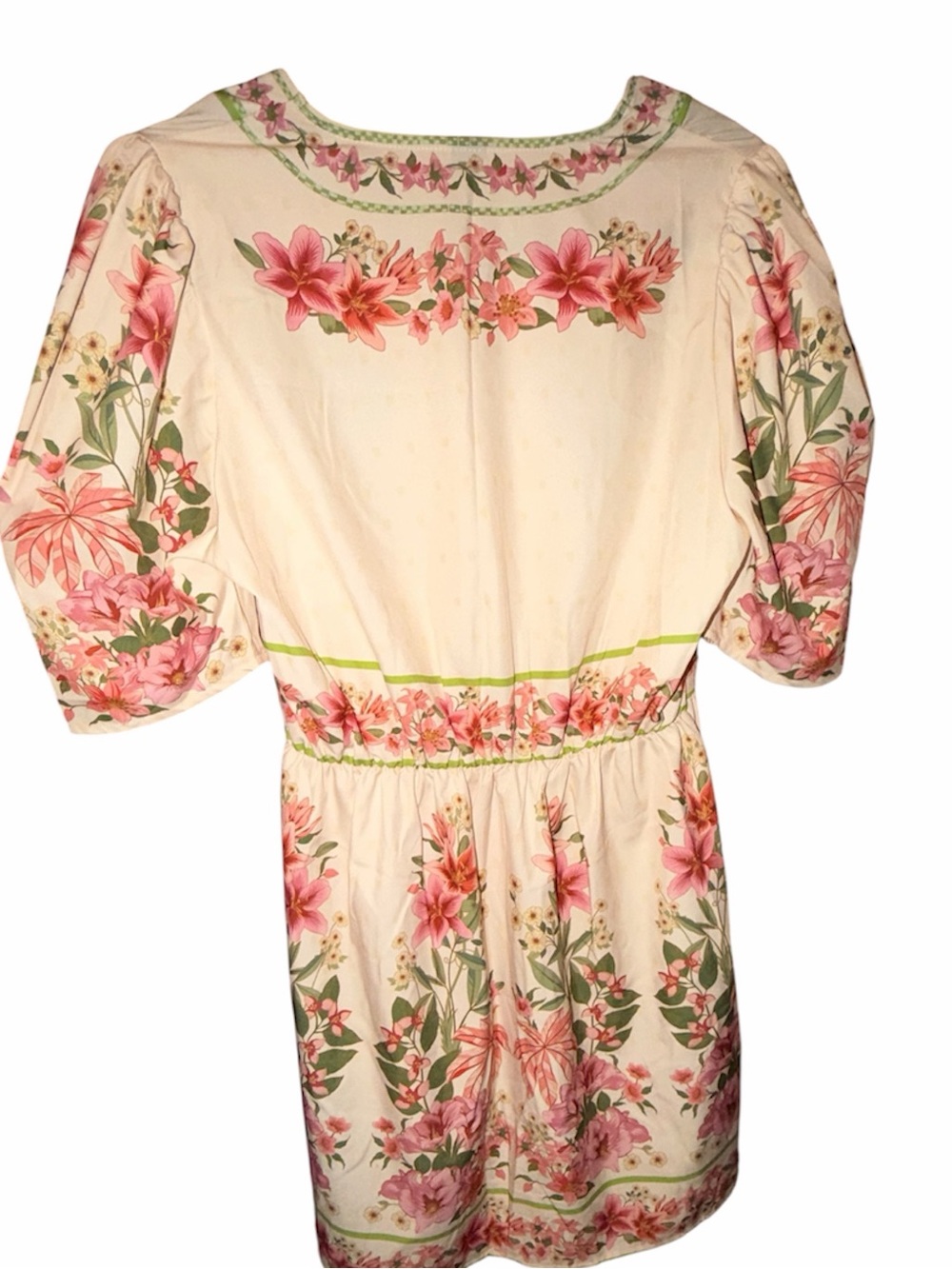 Cream Floral V-Neck Women’s Dress with Pink Accents - Picture 2 of 4